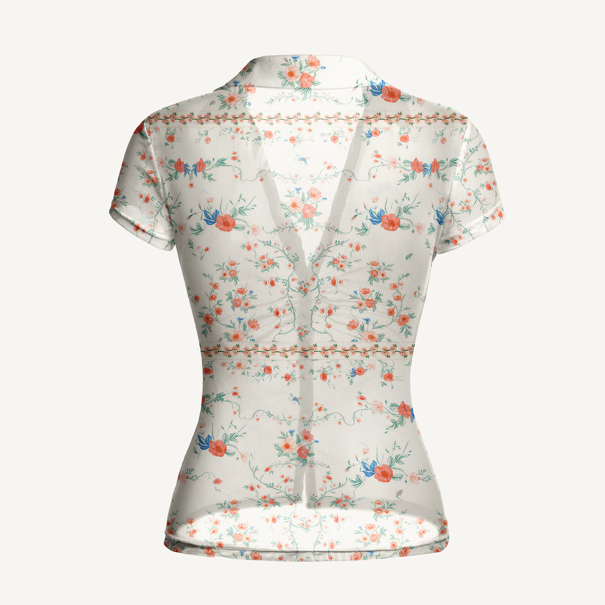 V-Neck Short Sleeve Wild Bloom Print Mesh Top